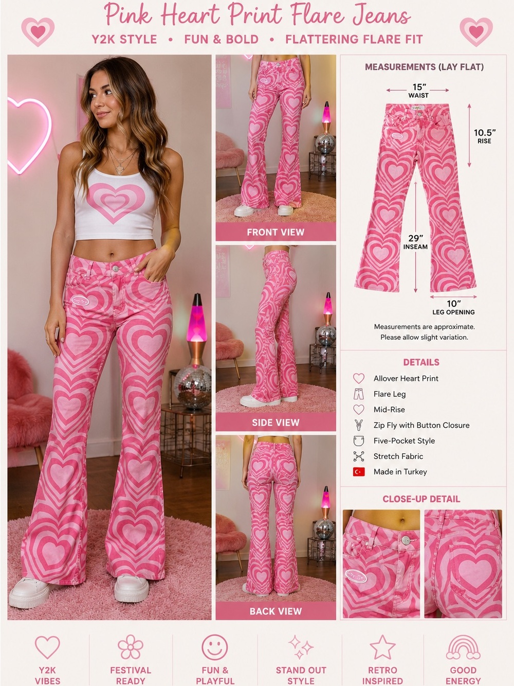 Easy Tiger Pink Heart Print Flare Jeans Women's Size 26 Y2K Cotton Stretch